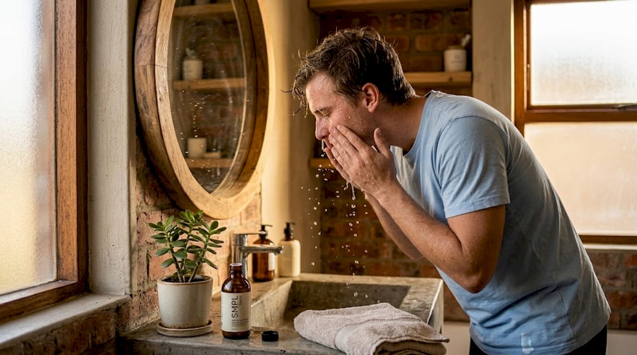 Man washing face at bathroom sink