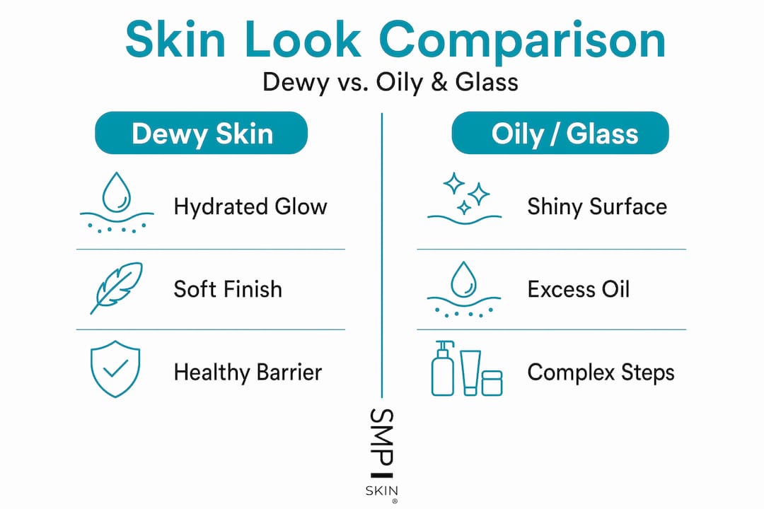 Infographic comparing dewy, oily, and glass skin features