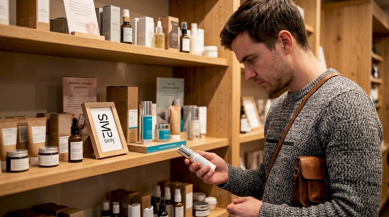Man examines skincare bottle ingredients in store