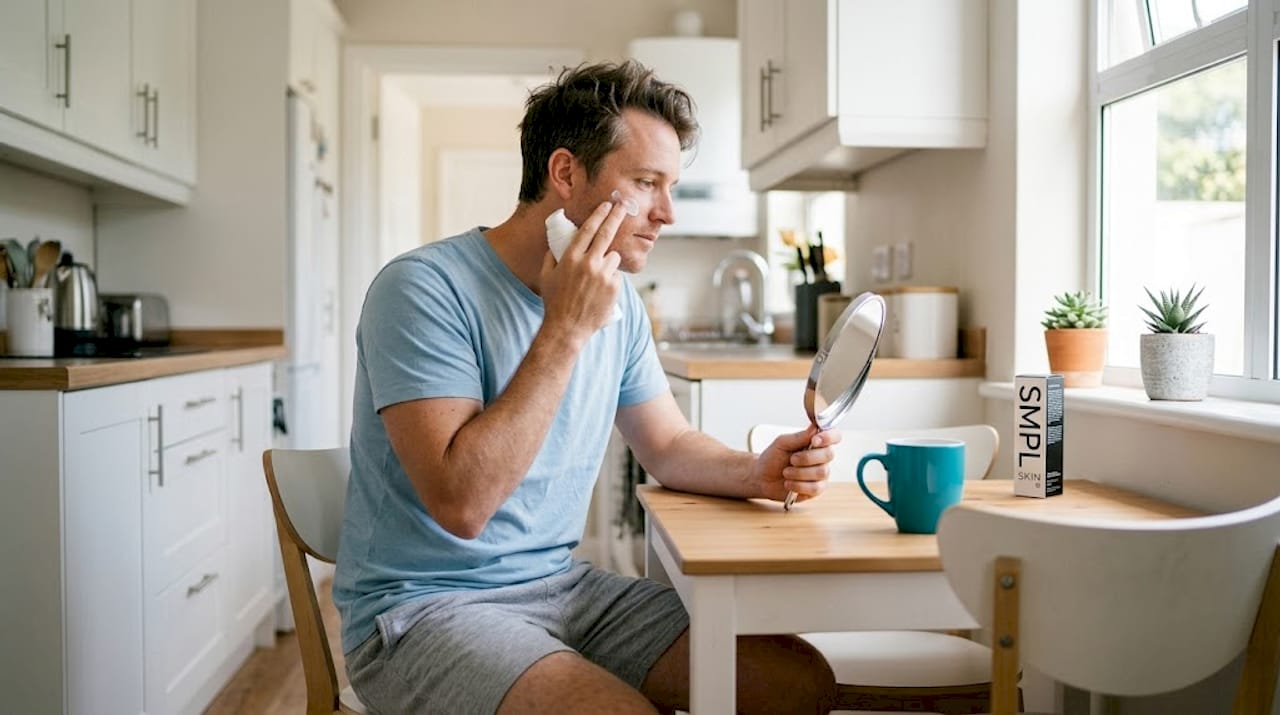 Man moisturizing face in morning bedroom routine