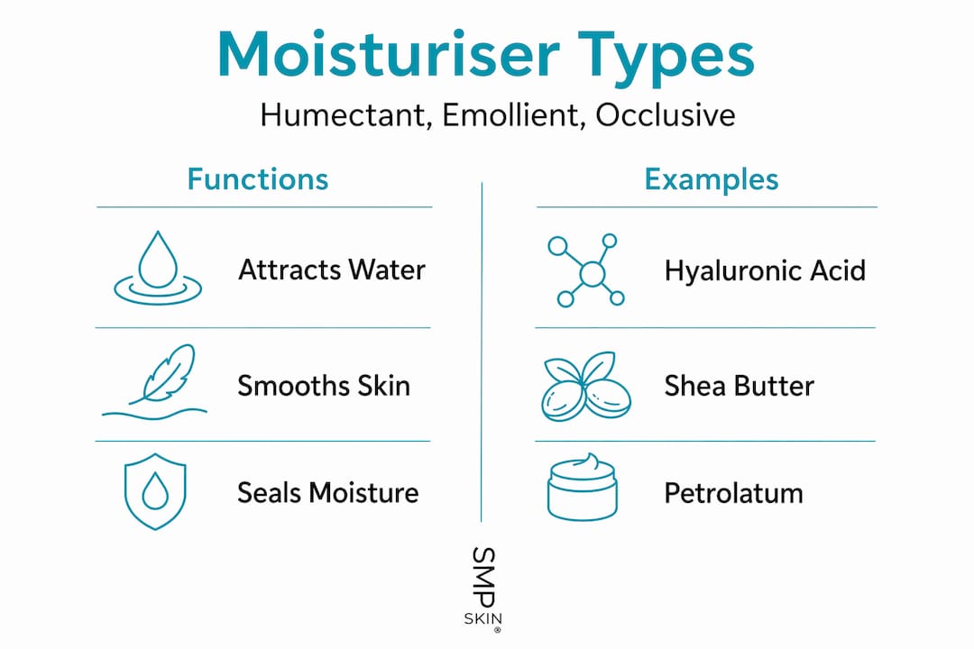 Infographic comparing humectants, emollients, occlusives