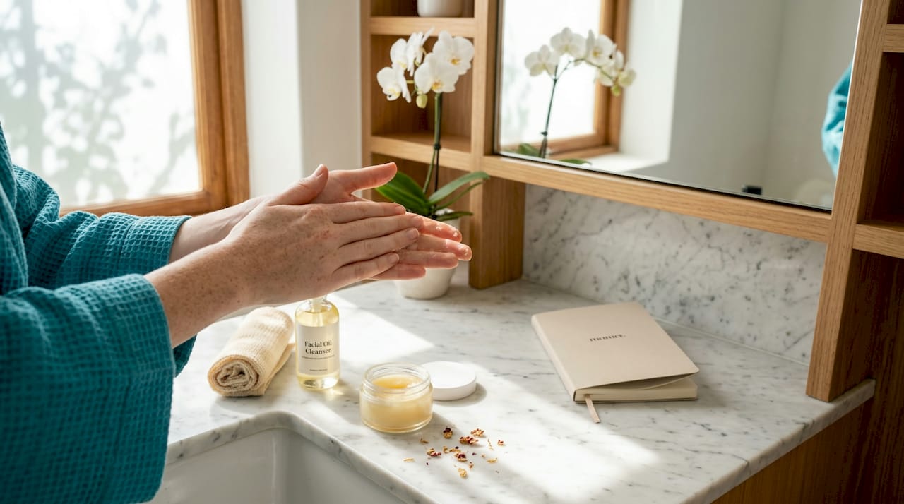 Hands prepping oil cleanser in bathroom