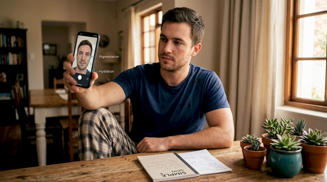 Man using phone for skin analysis app