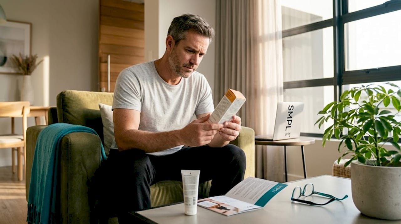 Man reading vitamin C serum label
