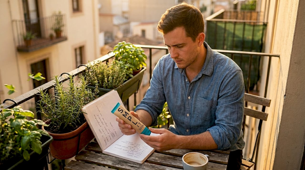 Man checking moisturizer ingredients at dining table