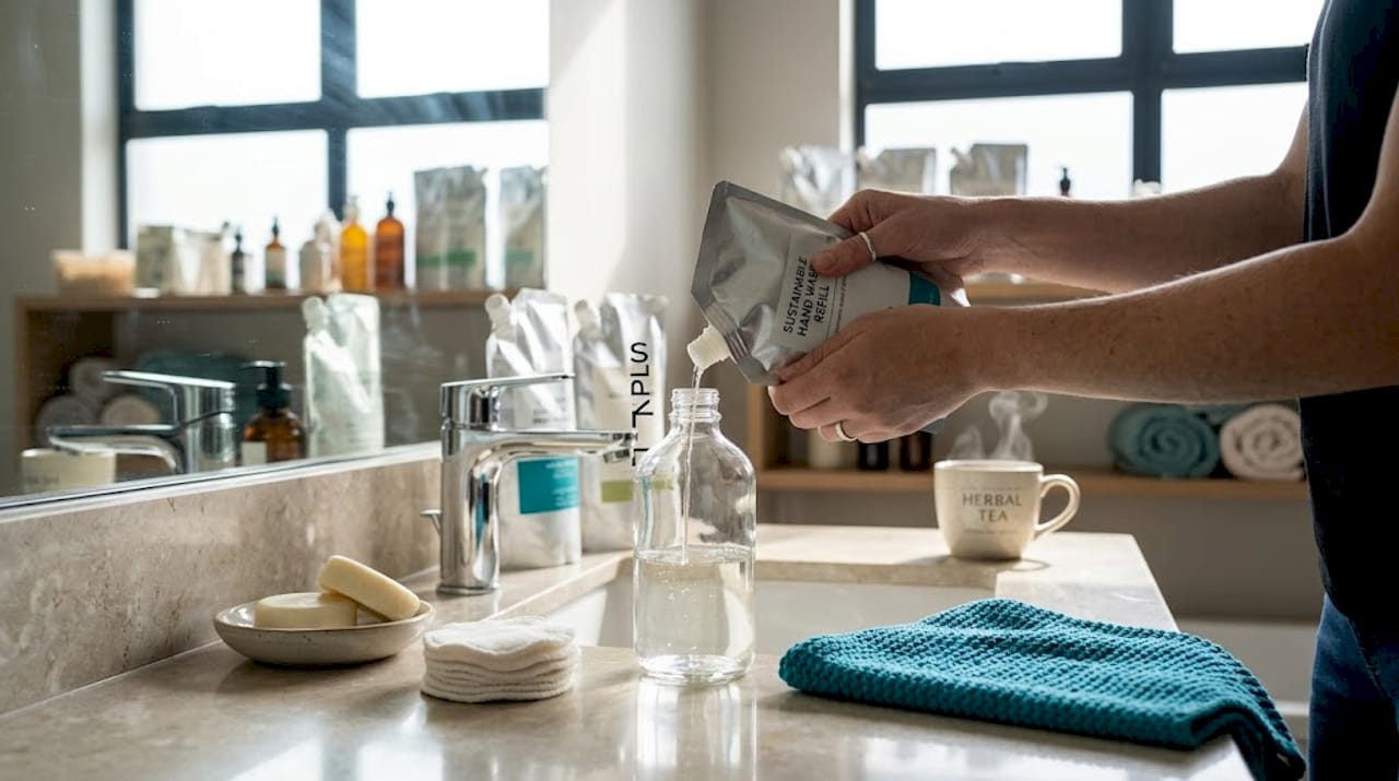 Hands refilling glass beauty dispenser at sink