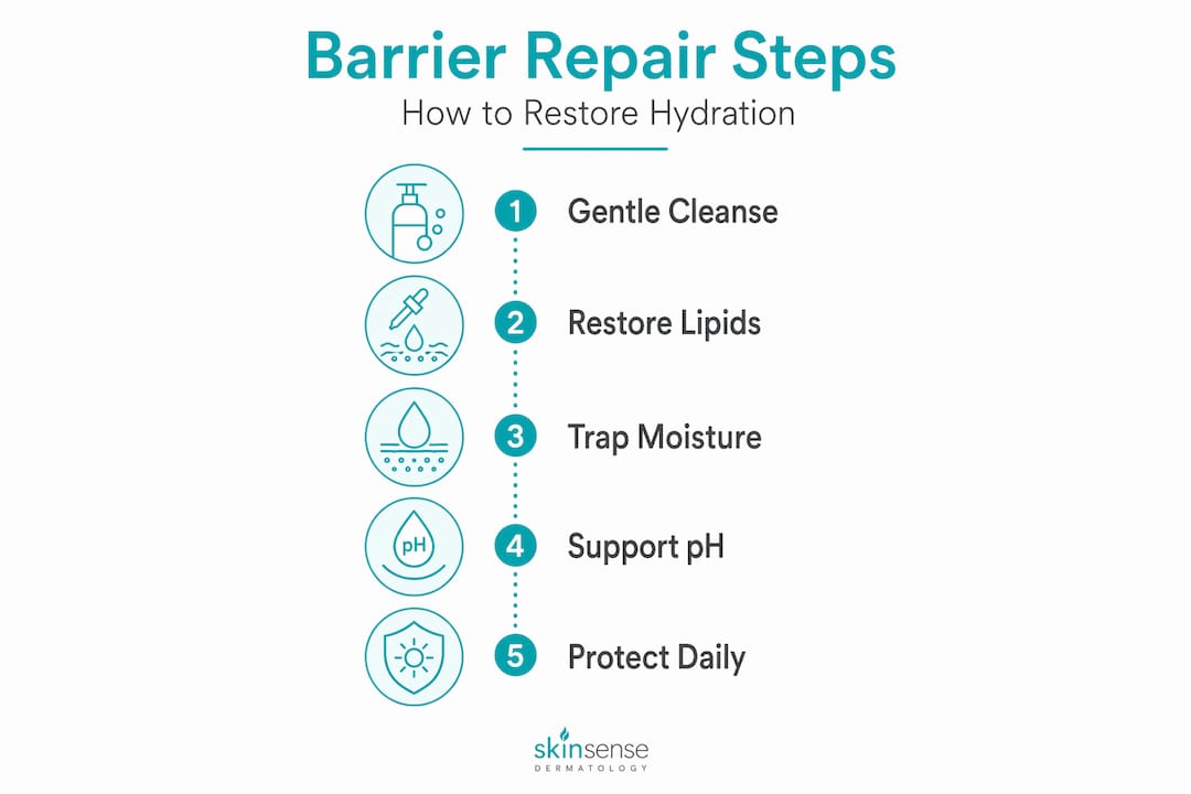 Infographic showing steps to restore skin hydration barrier