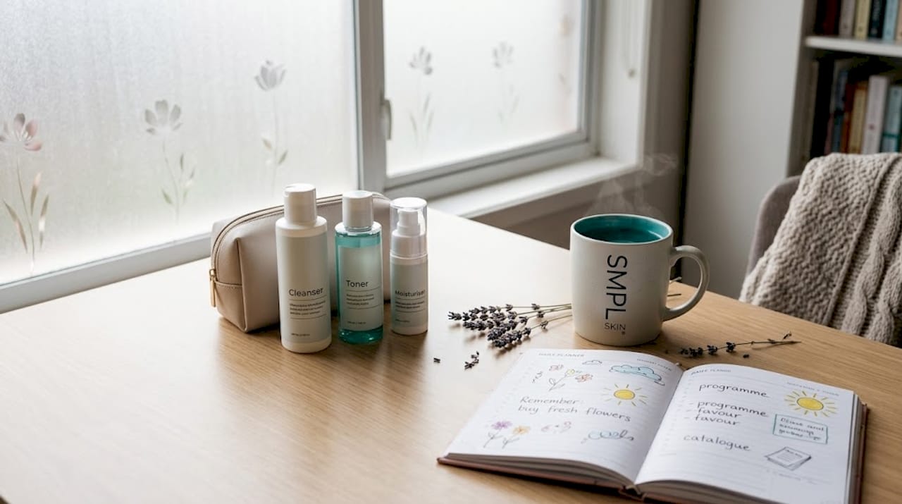Basic skincare set arranged on tidy desk
