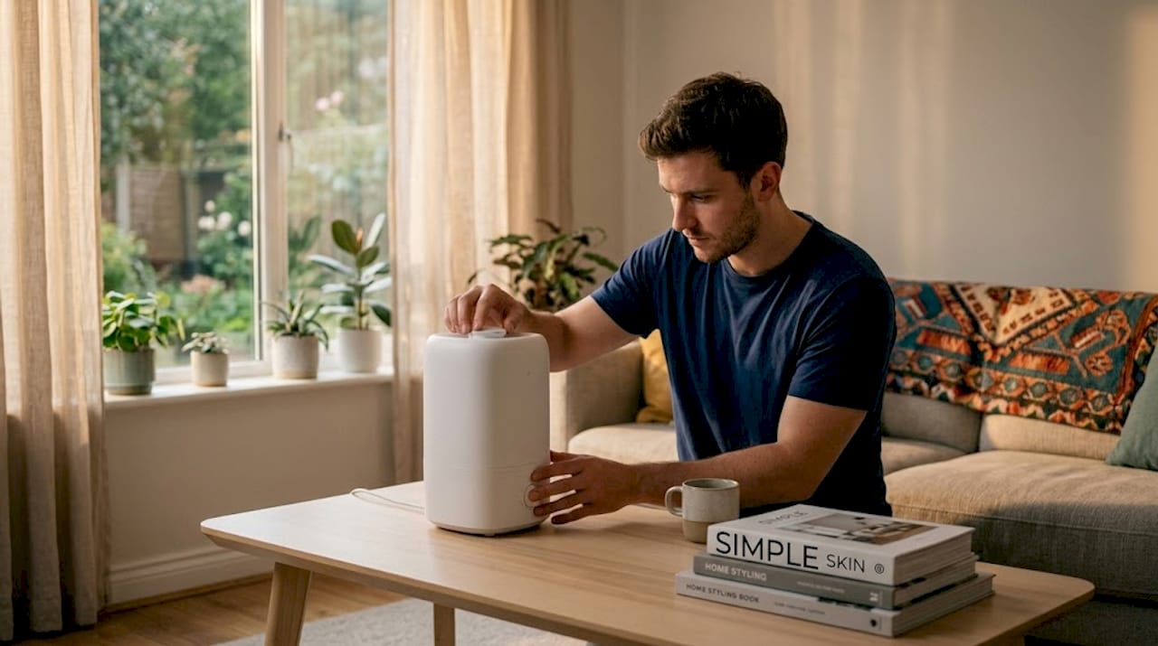 Man adjusting humidifier in sunlit living room