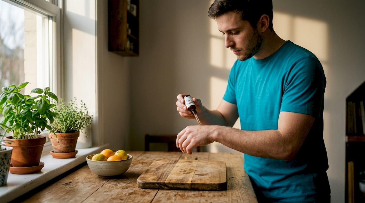 Man testing vitamin C serum at kitchen counter