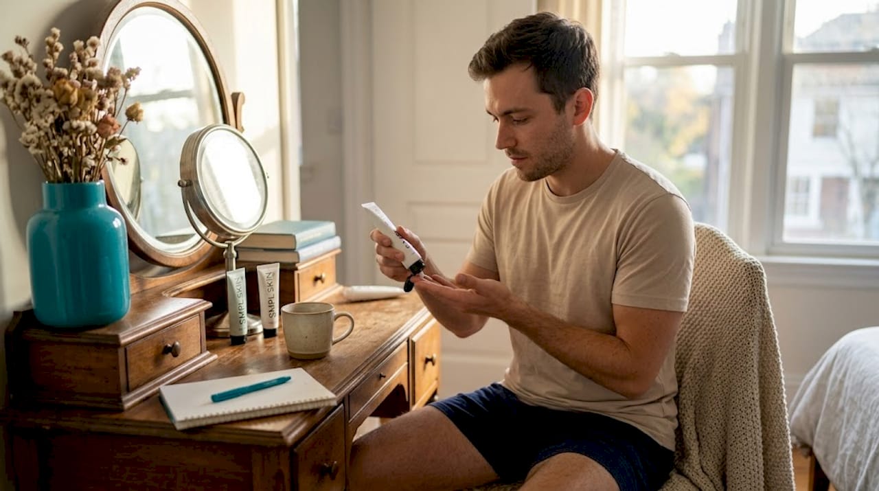 Man applying face moisturizer at bedroom vanity