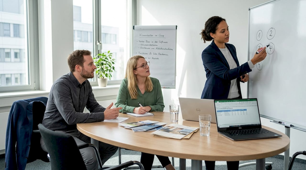 Im Besprechungsraum diskutiert das Team über mögliche Preisnachlässe für Software.