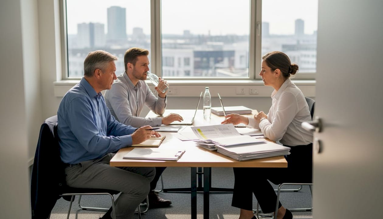 Am Konferenztisch tauscht sich das Team über die Verwaltung von Softwarelizenzen aus.