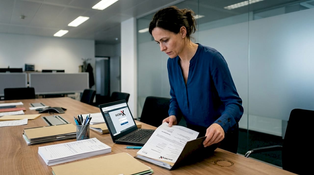 Eine Büroangestellte sortiert und verwaltet die Ordner mit den Softwarelizenzen.