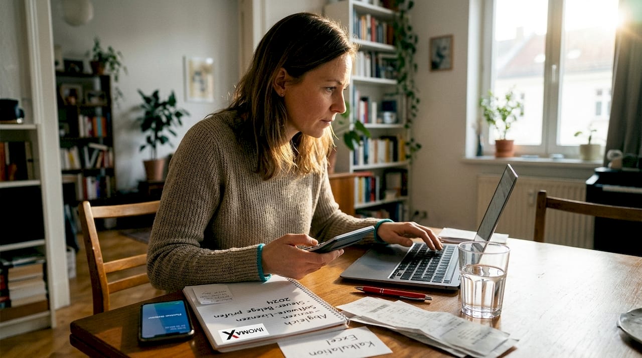 Eine Frau sitzt am Schreibtisch und prüft die Kosten für Bürosoftware.