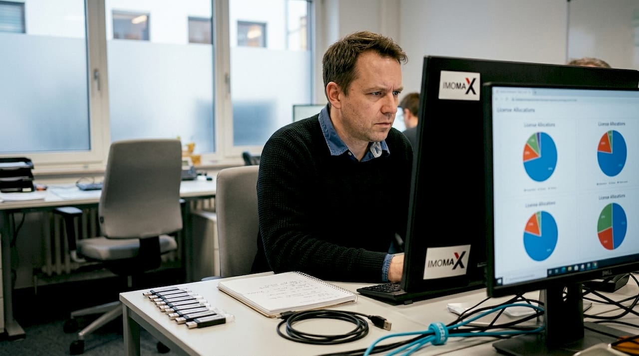 Ein IT-Administrator prüft die aktuelle Verteilung der Softwarelizenzen im Unternehmen.