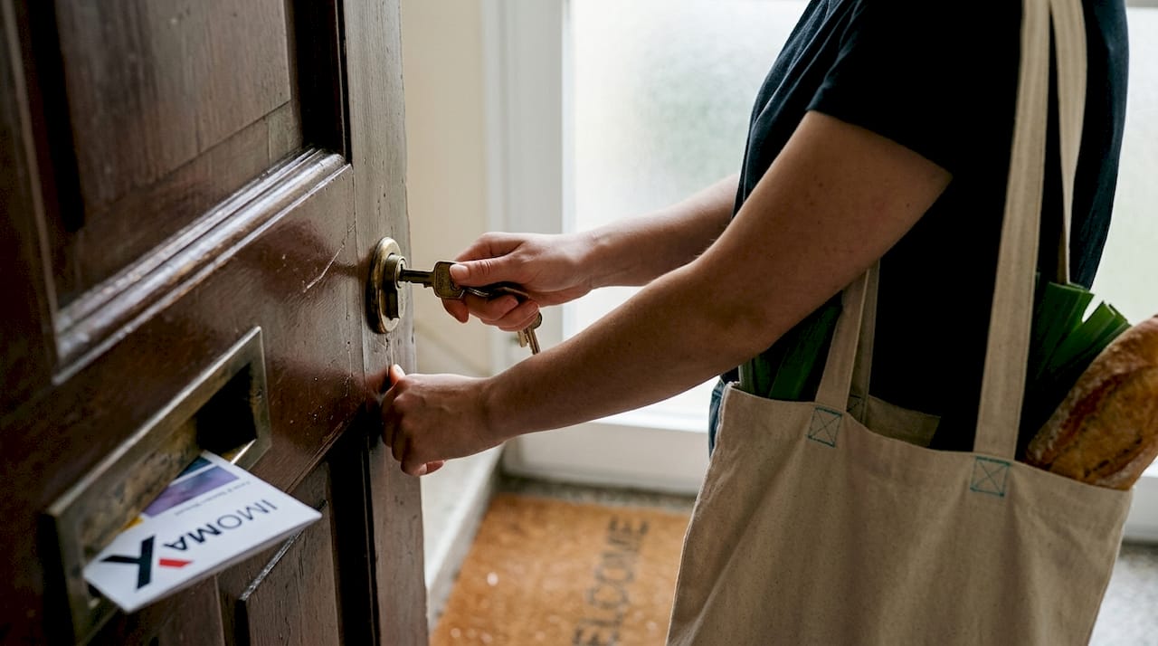 Eine Frau kommt mit Einkaufstüten nach Hause und schließt ihre Wohnungstür auf.