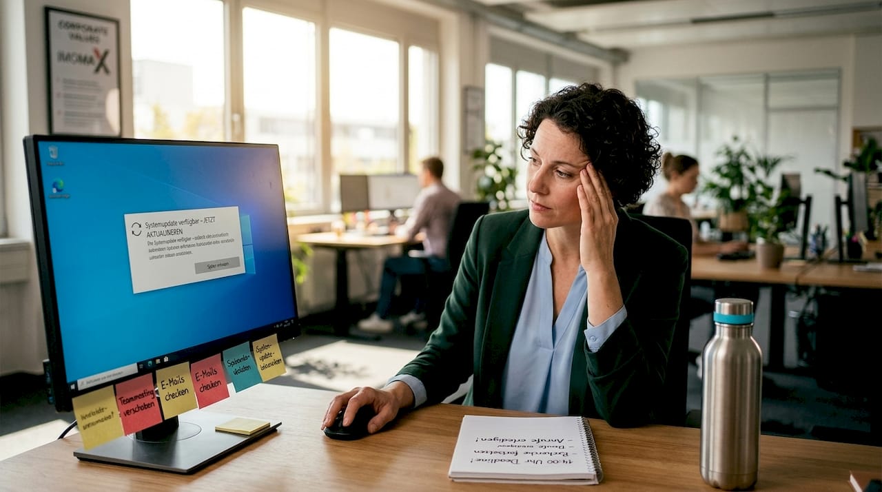 Ein Büroangestellter bekommt eine Benachrichtigung, dass eine neue Software-Version verfügbar ist.