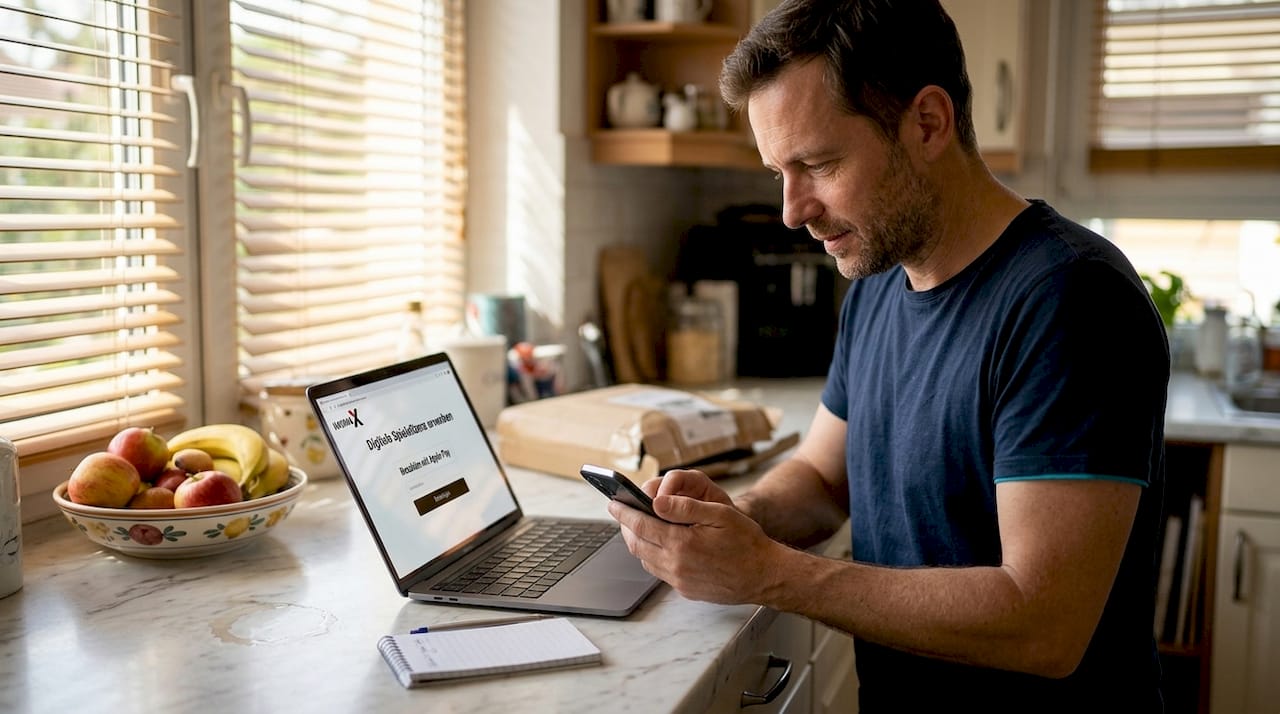 Ein Mann bezahlt bequem mit seinem Smartphone.