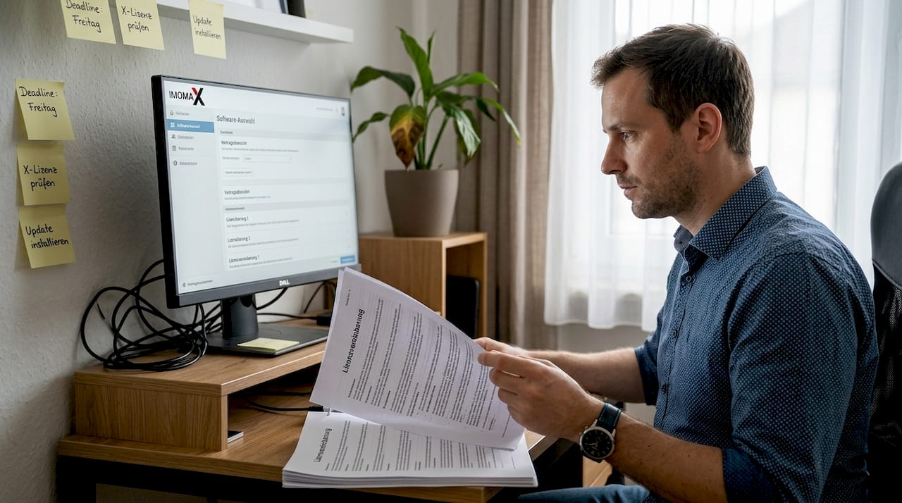 Jemand prüft gedruckte Software-Lizenzverträge.