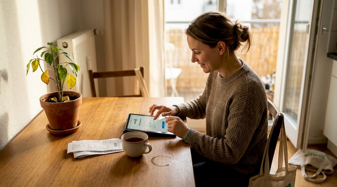 Eine Frau kauft digitale Software in einem nachhaltig gestalteten Umfeld.