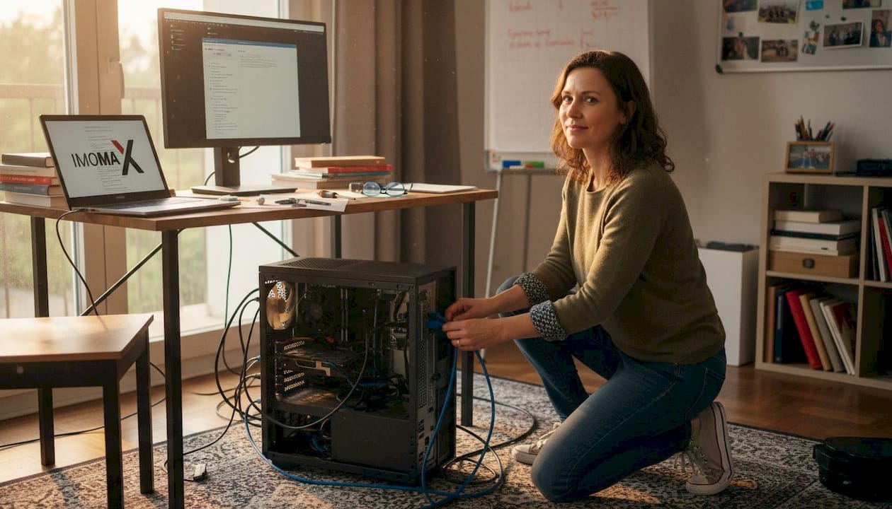 Eine Frau richtet einen Desktop-PC mit OEM-Lizenz ein.