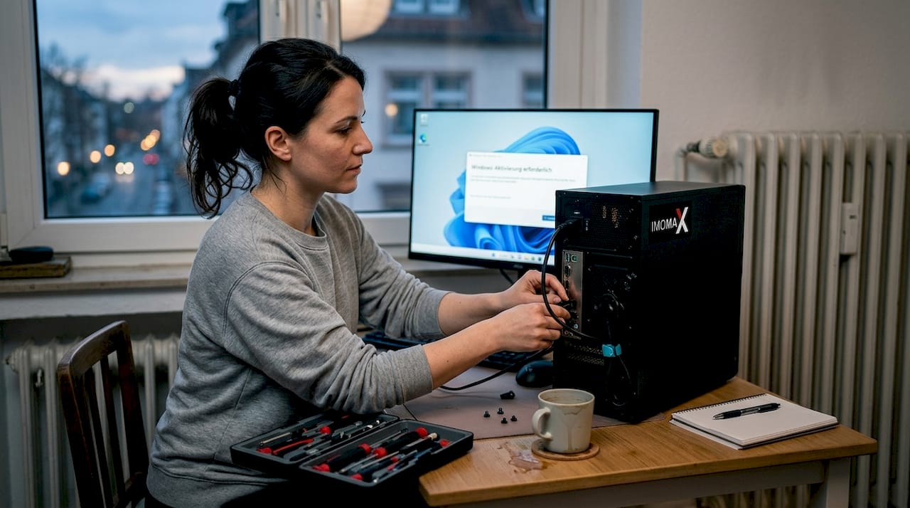 Frau startet ihren PC nach einem Hardwarewechsel neu und nimmt die Reaktivierung vor.