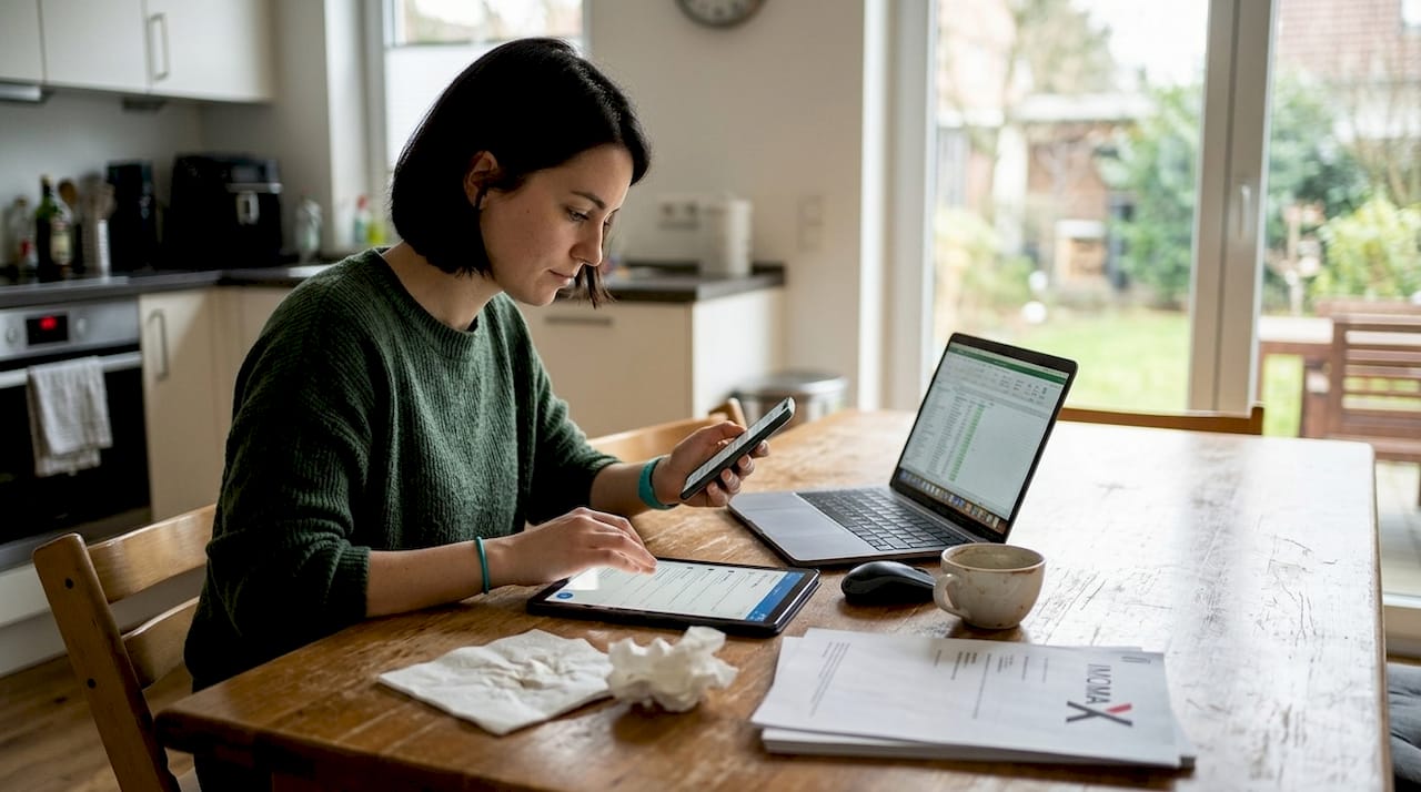 IT-Fachkraft arbeitet flexibel mit verschiedenen Endgeräten an Softwarelösungen.