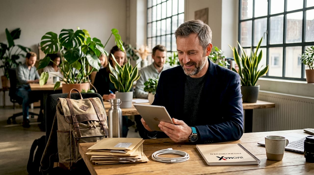 Ein Unternehmer prüft seine umweltfreundliche digitale Zulassung.