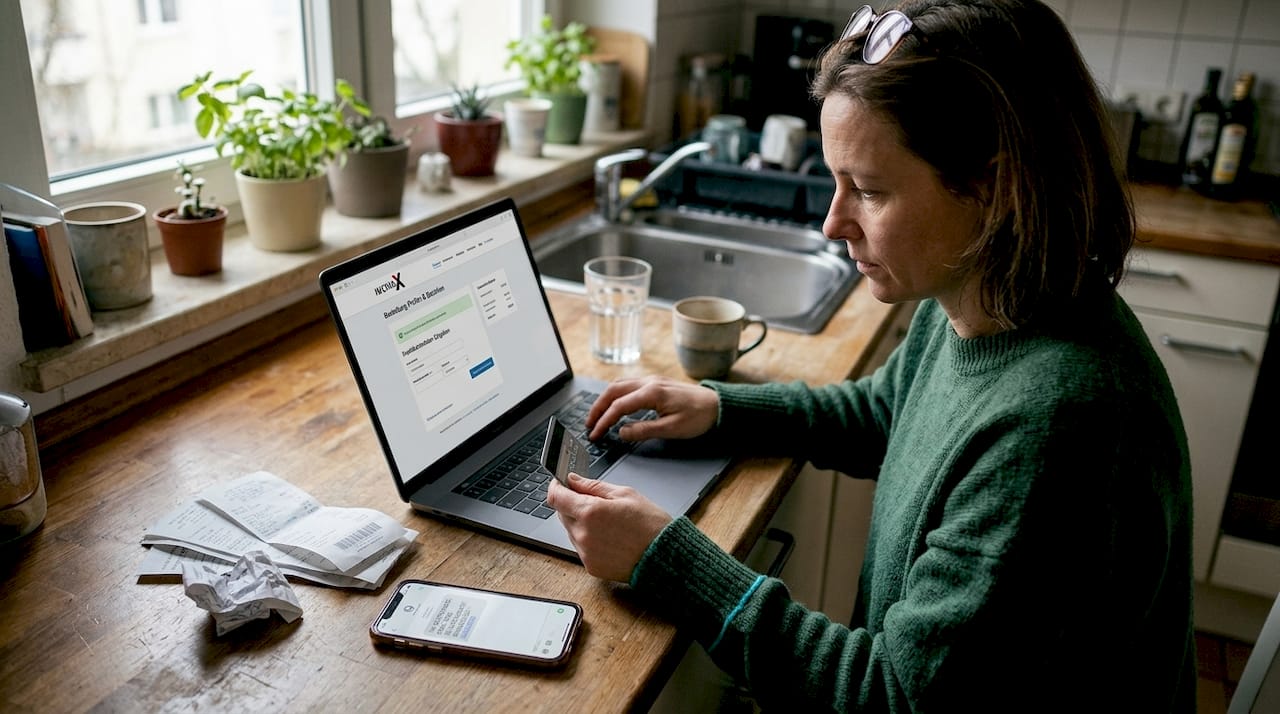 Eine Frau bezahlt am Küchentresen sicher und bequem über eine Online-Software.