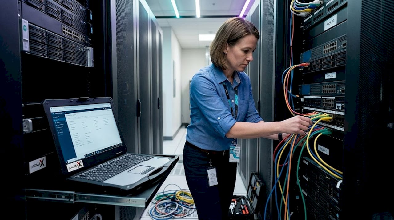 Ein IT-Administrator verkabelt die Technik in einem modernen Büro.