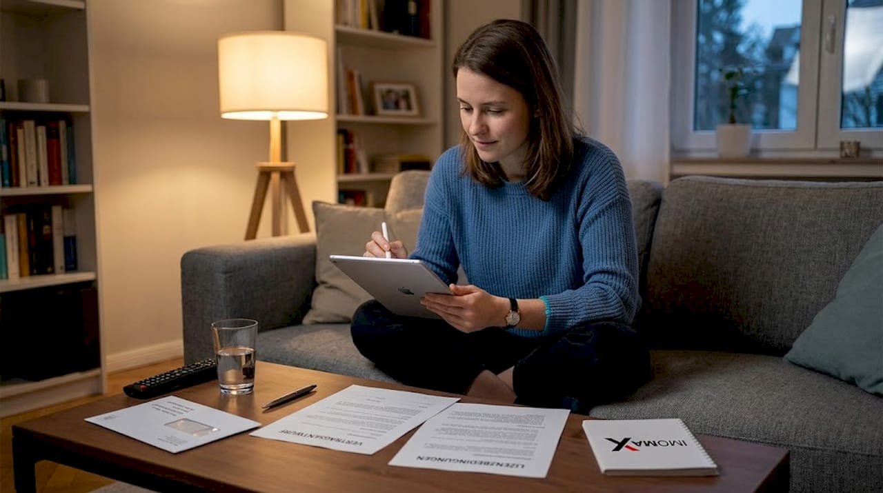 Eine Frau prüft Lizenzdokumente einer Software auf ihrem Tablet.