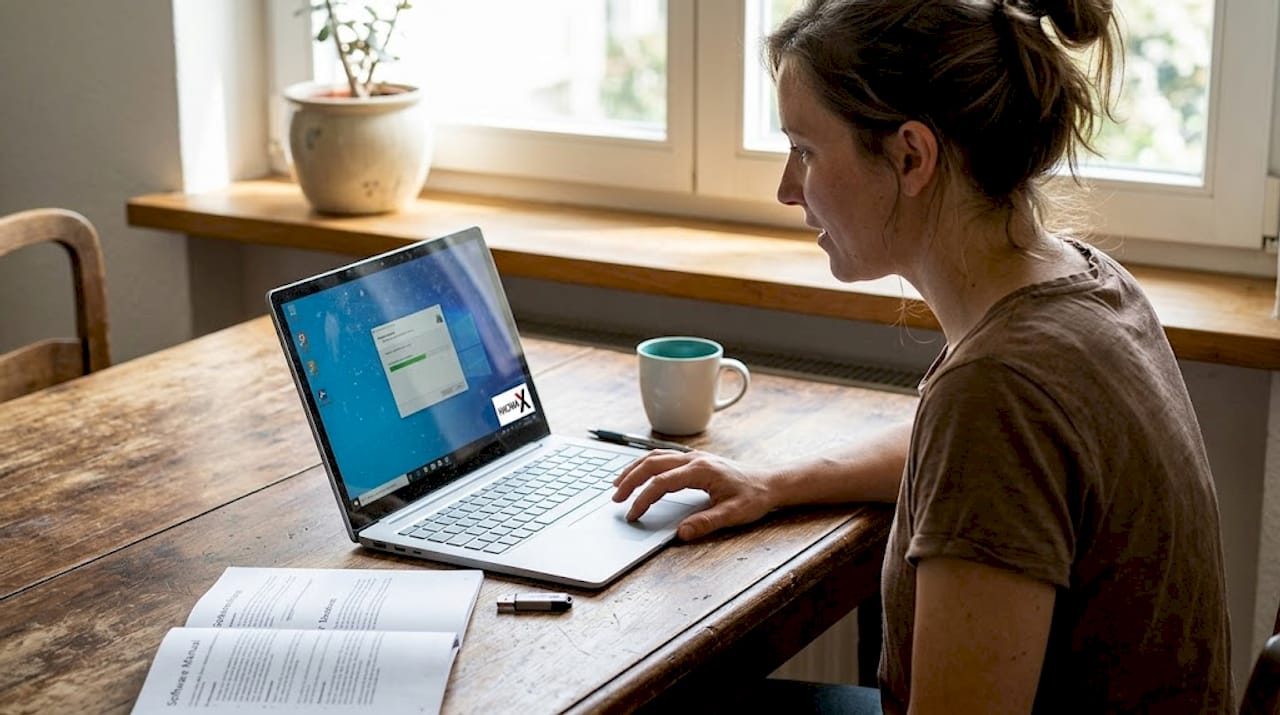 Eine Frau richtet am Holztisch eine Softwarelizenz auf ihrem Laptop ein.