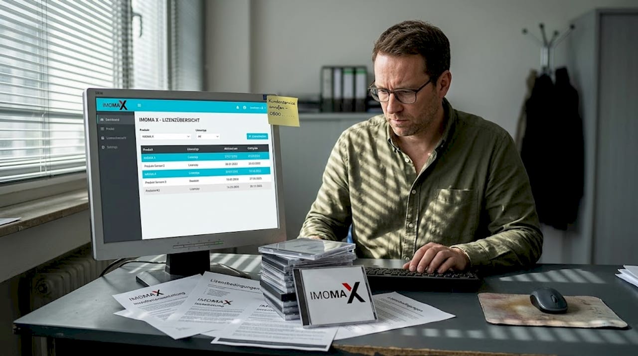 Ein Mitarbeiter kümmert sich im Büro um die Verwaltung von Softwarelizenzen.