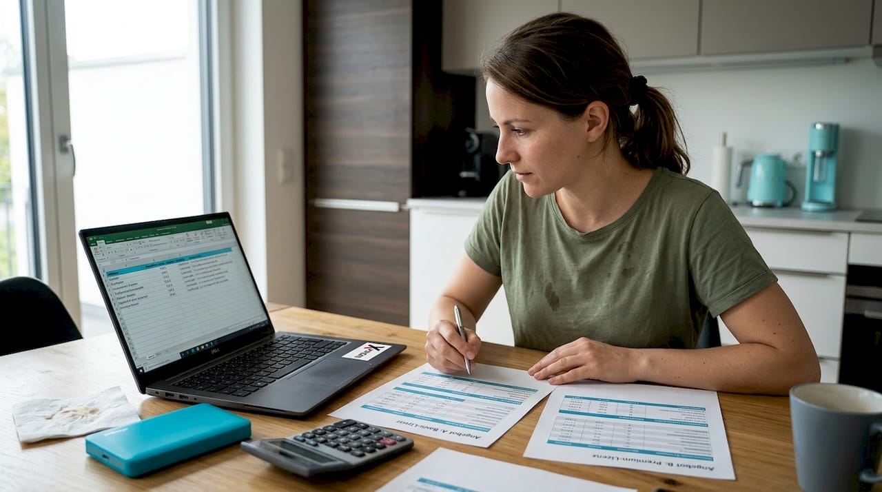 Eine Frau sitzt am Küchentisch und vergleicht verschiedene Softwarepreise auf ihrem Laptop.