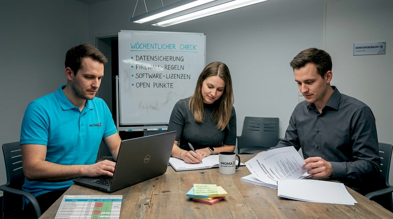 Das Team tauscht sich über Maßnahmen zur IT-Sicherheit der Software aus.