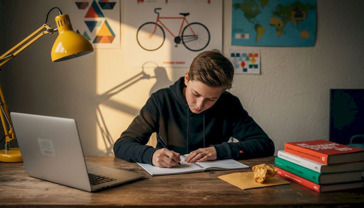 Een tiener zit aan zijn bureau zijn agenda bij te werken.