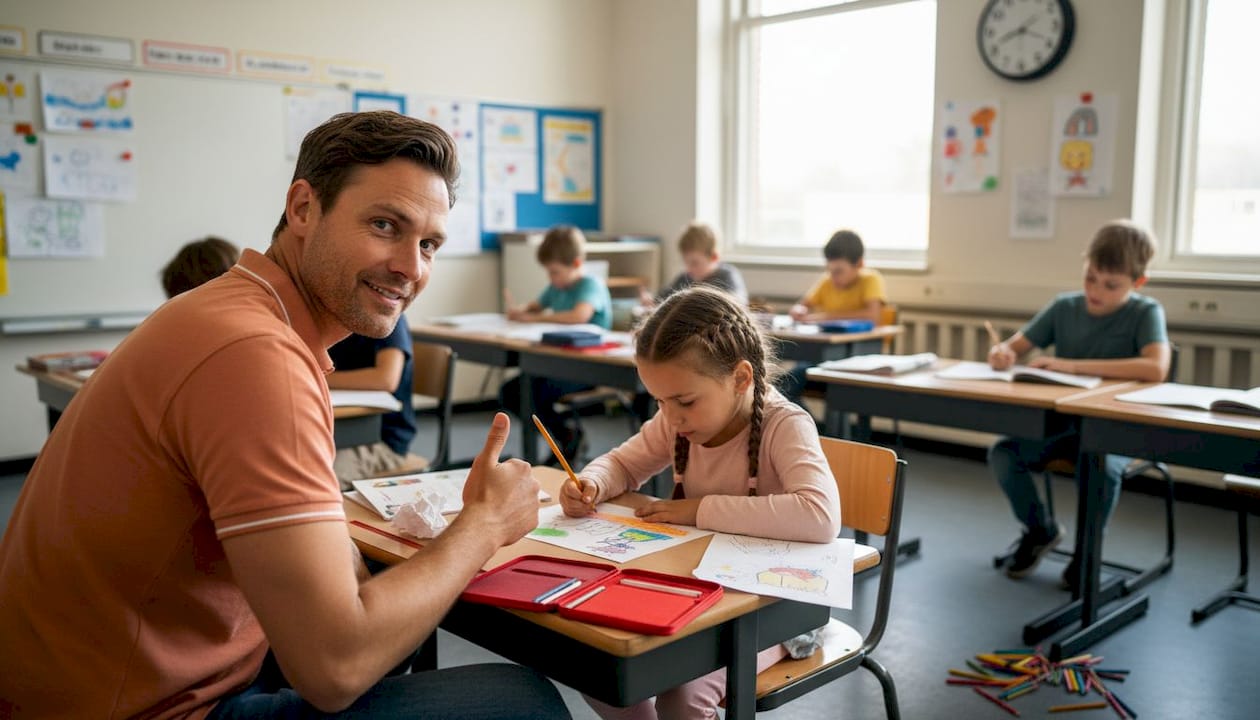 De leraar geeft een leerling een compliment tijdens de les, bijvoorbeeld door te zeggen: 'Goed gedaan, ik zie dat je echt je best hebt gedaan!'