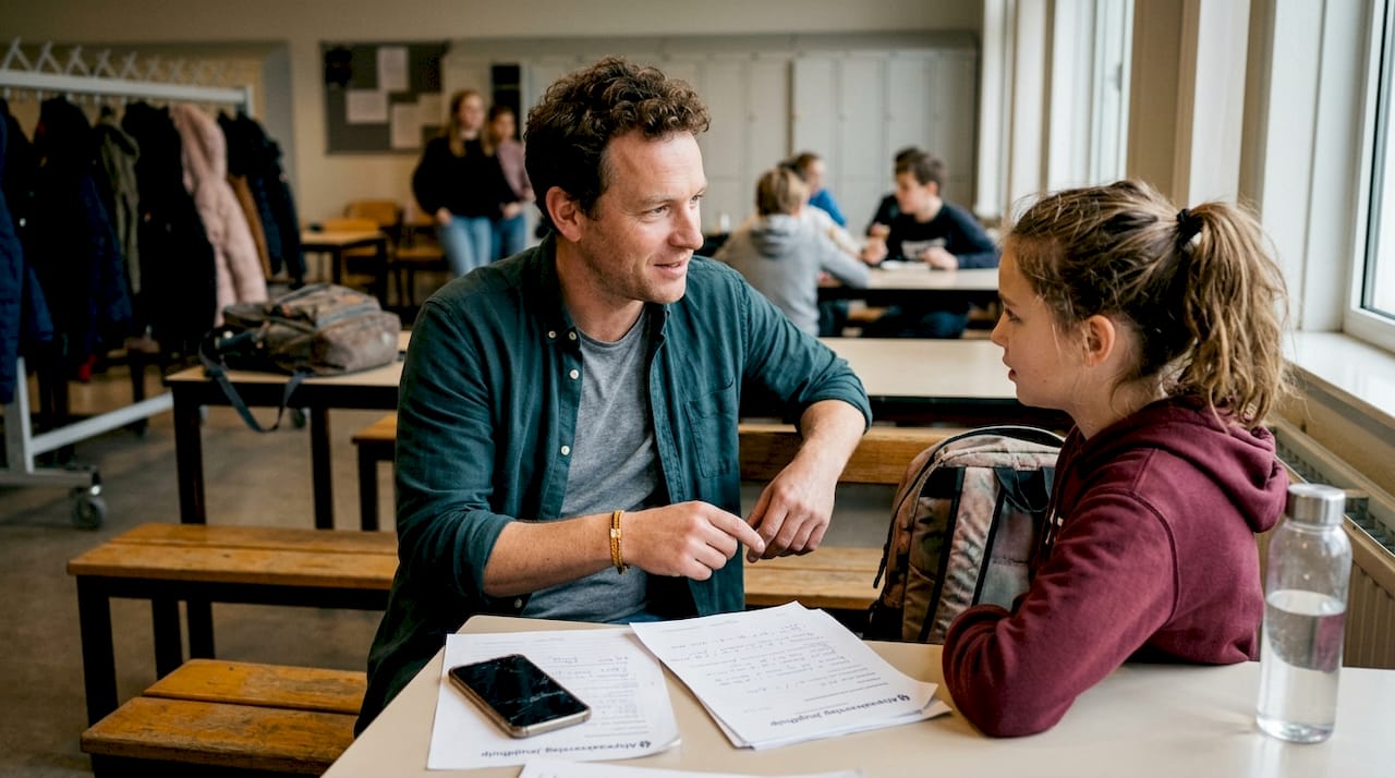 Een jeugdhulpverlener ondersteunt een leerling op school.