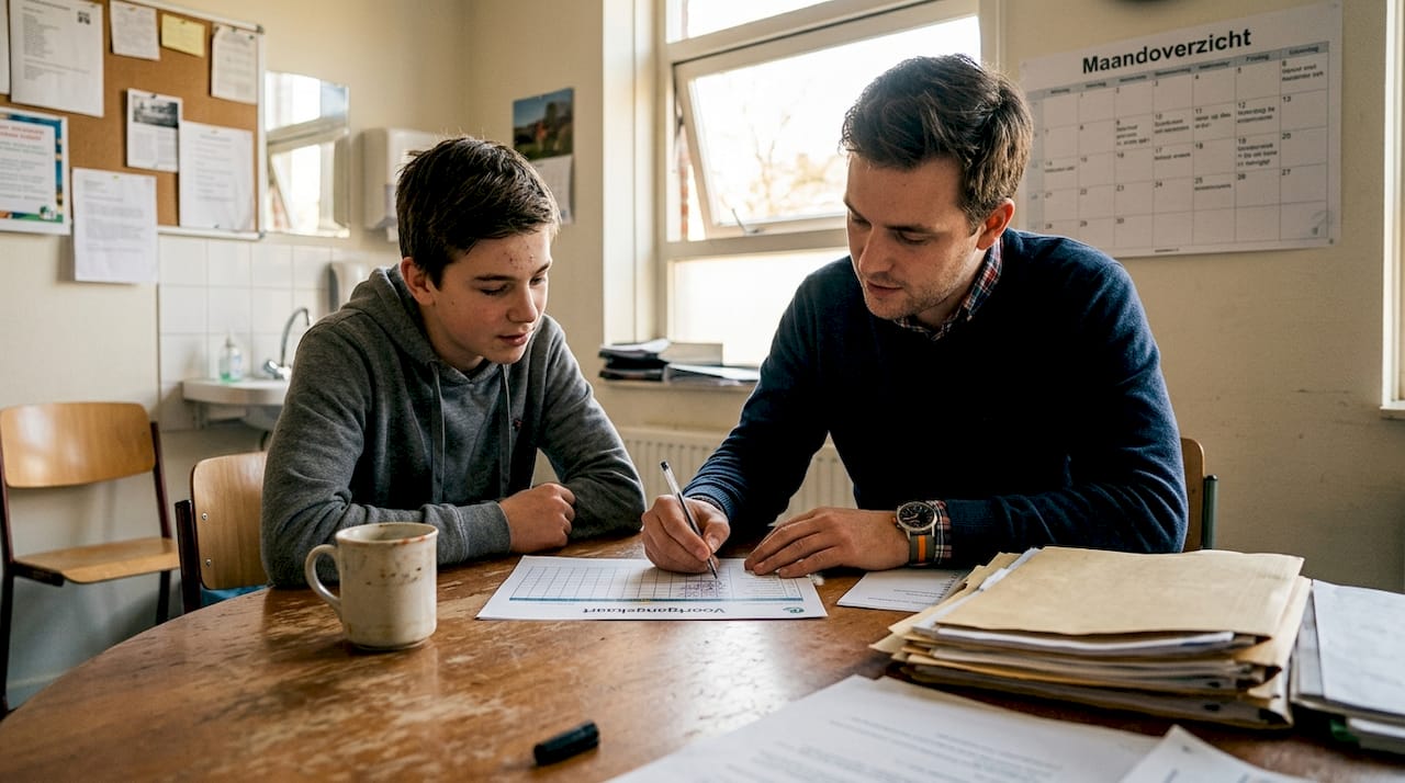 Een mentor en een leerling bespreken samen welke extra ondersteuning er op school mogelijk is.