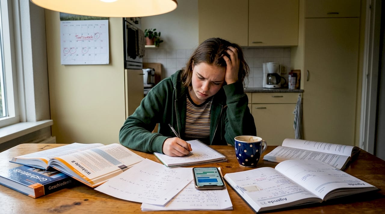 Een tiener zit met een bezorgde blik aan de keukentafel, worstelend met het huiswerk.