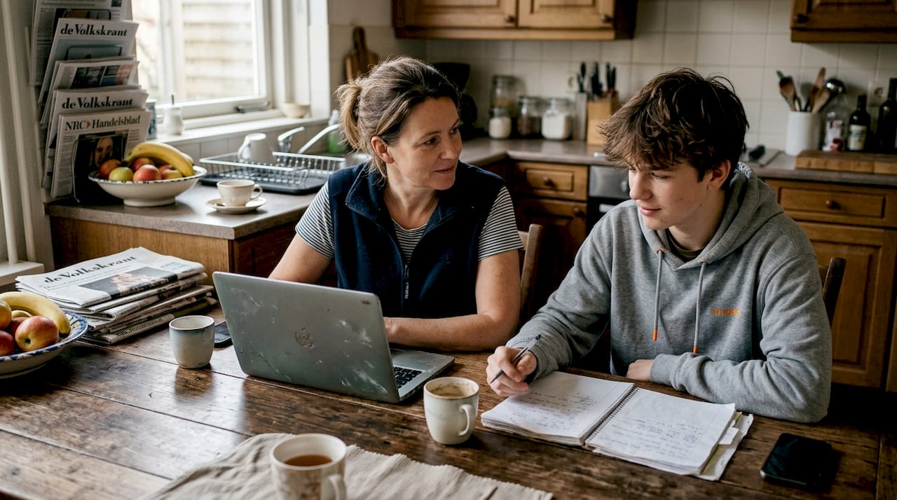 Moeder en puber zitten samen aan de keukentafel om even bij te praten.