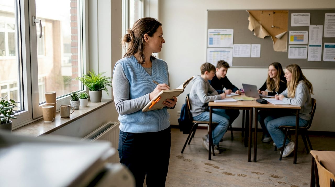 De docent houdt een oogje in het zeil terwijl de leerlingen aan het werk zijn op het leerplein.