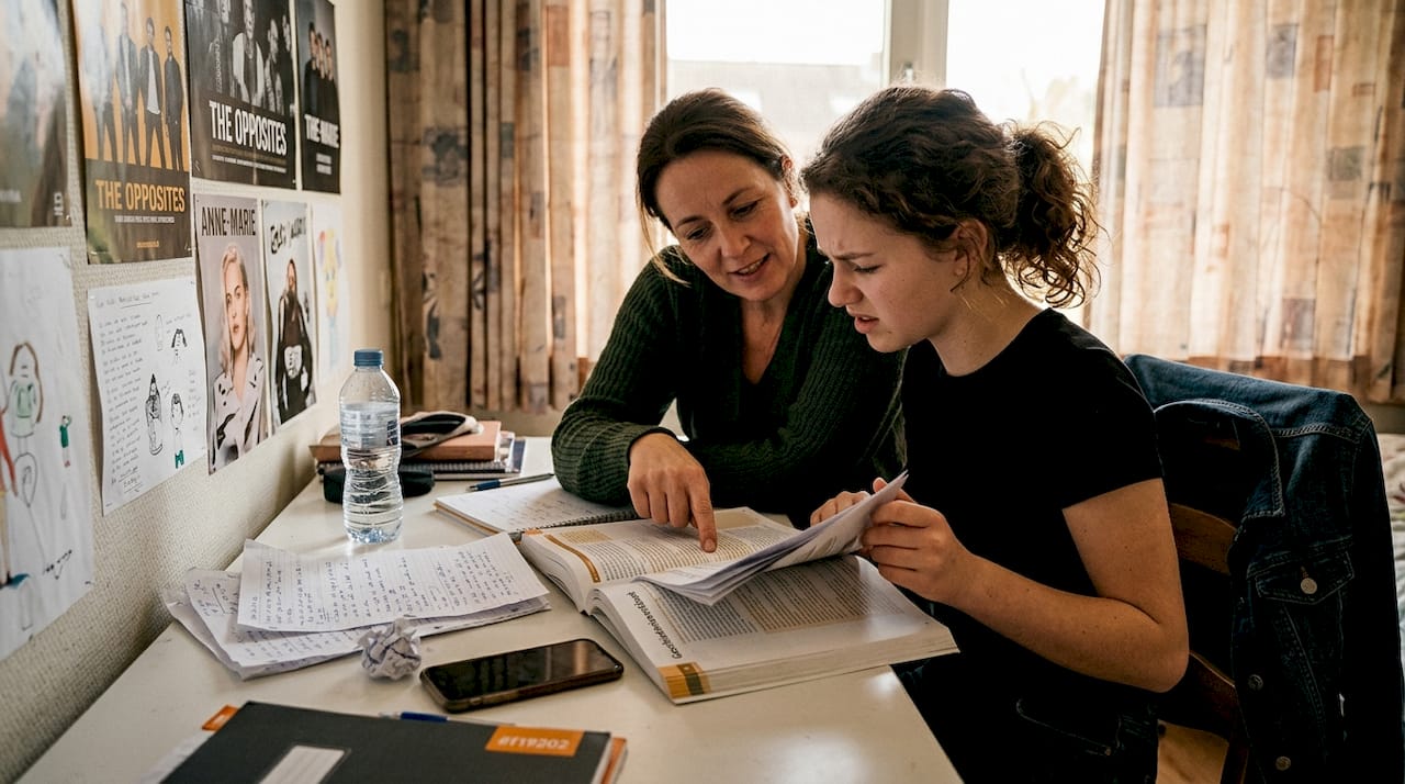 Samen met haar tienerdochter zit een moeder gebogen over het huiswerk aan de keukentafel.