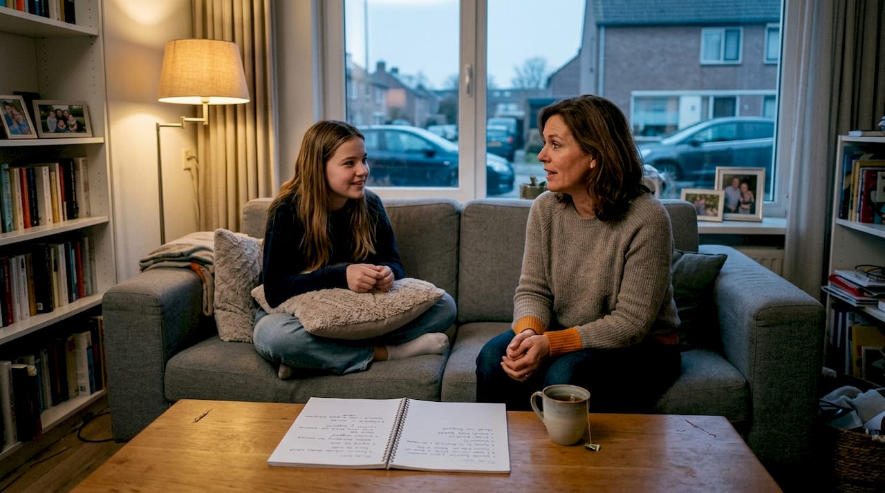 Een ouder en hun tiener zitten samen op de bank en voeren een gesprek.