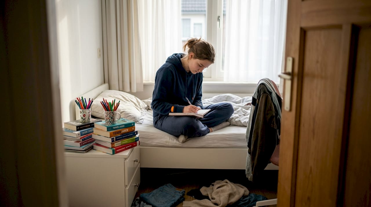 Een meisje noteert haar doelen op haar slaapkamer.