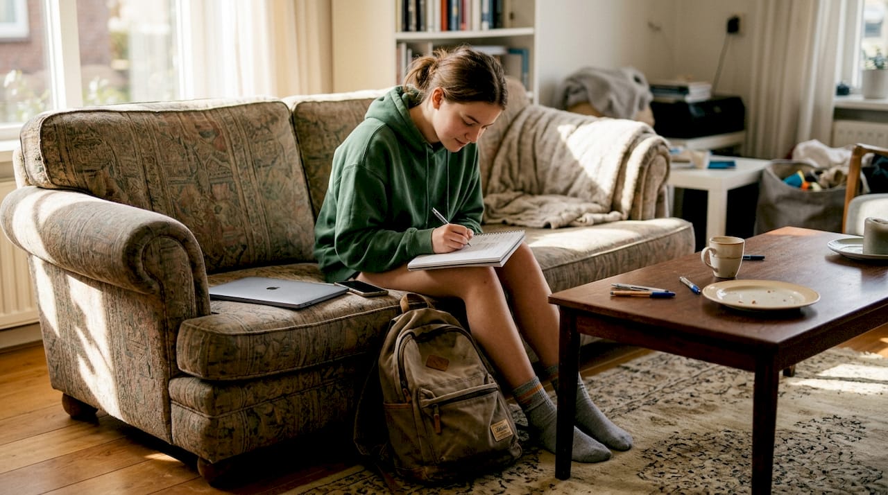 Een jongere zit in de woonkamer om zijn dag te plannen.