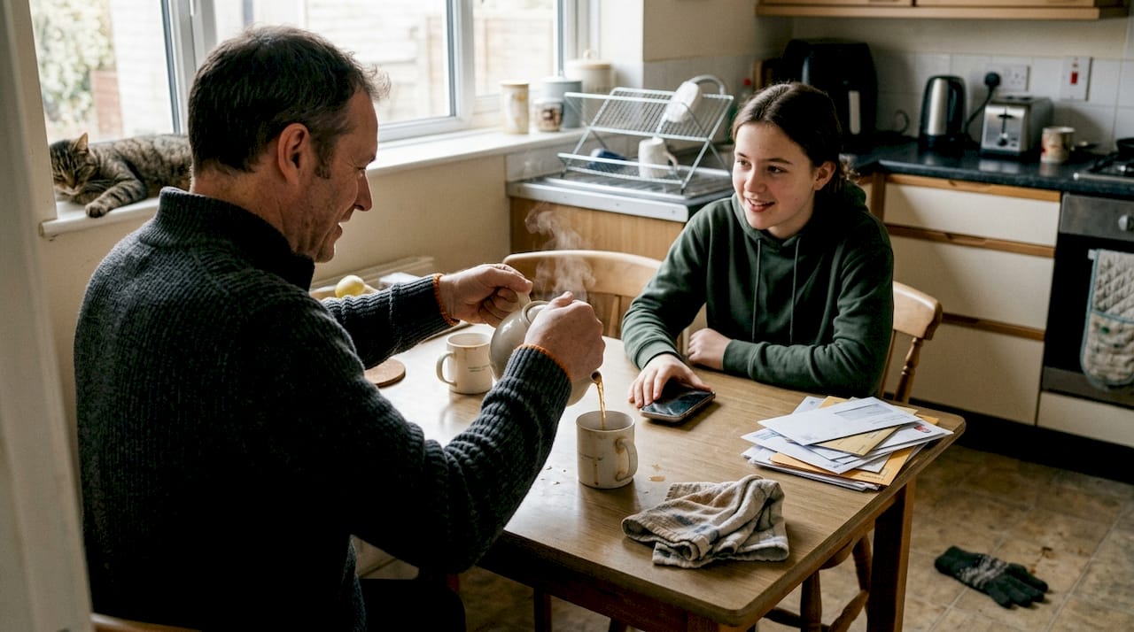 Vader en puber nemen samen even een momentje aan de keukentafel