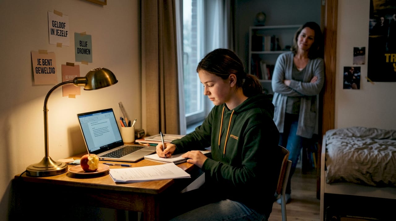 Een tiener zit achter zijn bureau en maakt plannen voor de toekomst, terwijl een ouder met een oplettend oog meekijkt.
