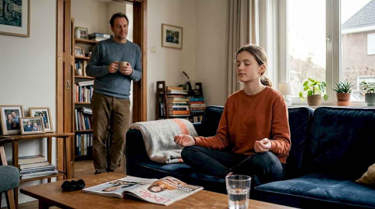 Een tiener komt tot rust met mindfulness in de woonkamer.